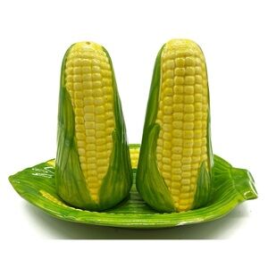 Corn Salt And Pepper Shaker Set on Plate Ceramic Vintage